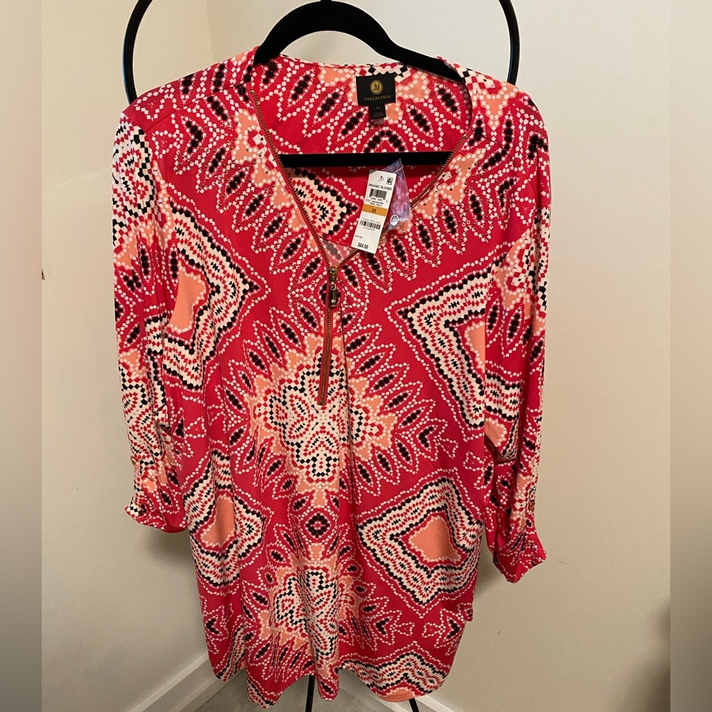 JM Collection Red and Pink Geometric Zip-Front Tunic Top